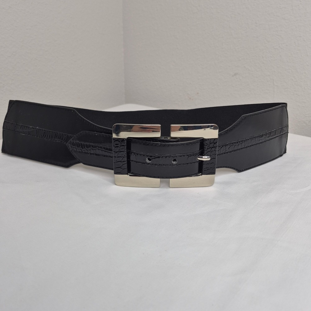 White House Black‎ Market Black Wide Elastic Waist Cincher Belt Silver Buckle M